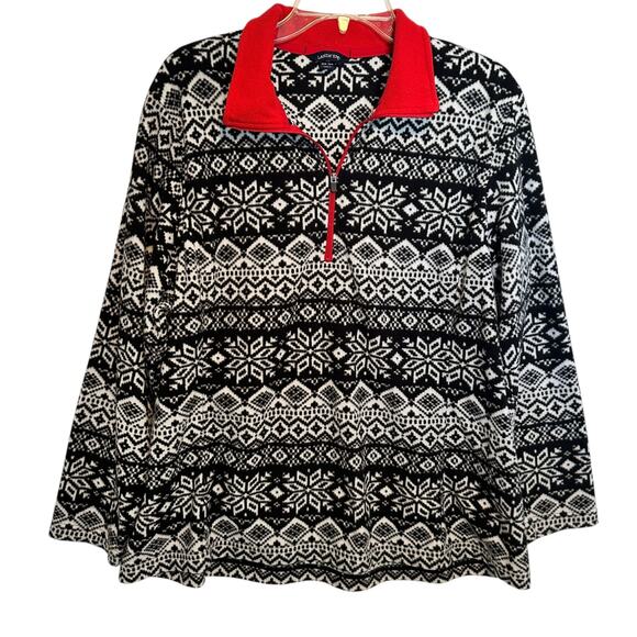 Lands' End Fair Isle 1/4 Zip Pullover Womens Size 1X Black Snowflake Fleece - Picture 2 of 9